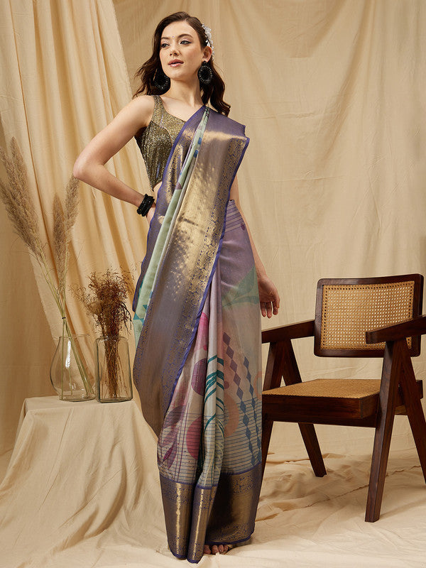 Multicolor Striped Tusser Silk Digital Print Saree and Blouse