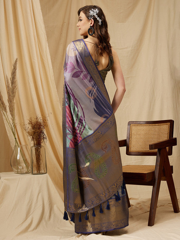 Multicolor Striped Tusser Silk Digital Print Saree and Blouse