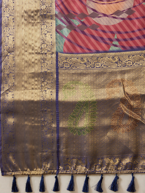 Multicolor Striped Tusser Silk Digital Print Saree and Blouse