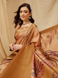 Multicolor striped tusser silk saree with unstitched blouse piece in gold, orange, and brown hues