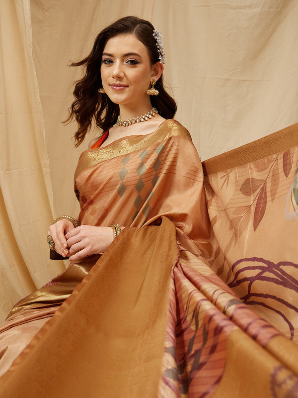 Multicolor striped tusser silk saree with unstitched blouse piece in gold, orange, and brown hues