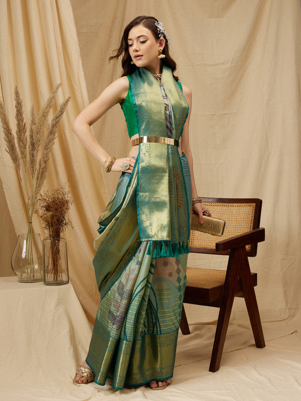 Multicolor Tusser silk saree featuring digital striped print in teal, gold, and olive