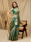 Multicolor Tusser silk saree featuring digital striped print in teal, gold, and olive