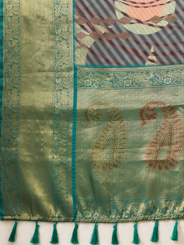 Striped Digital Print Tusser Silk Saree with Blouse Piece