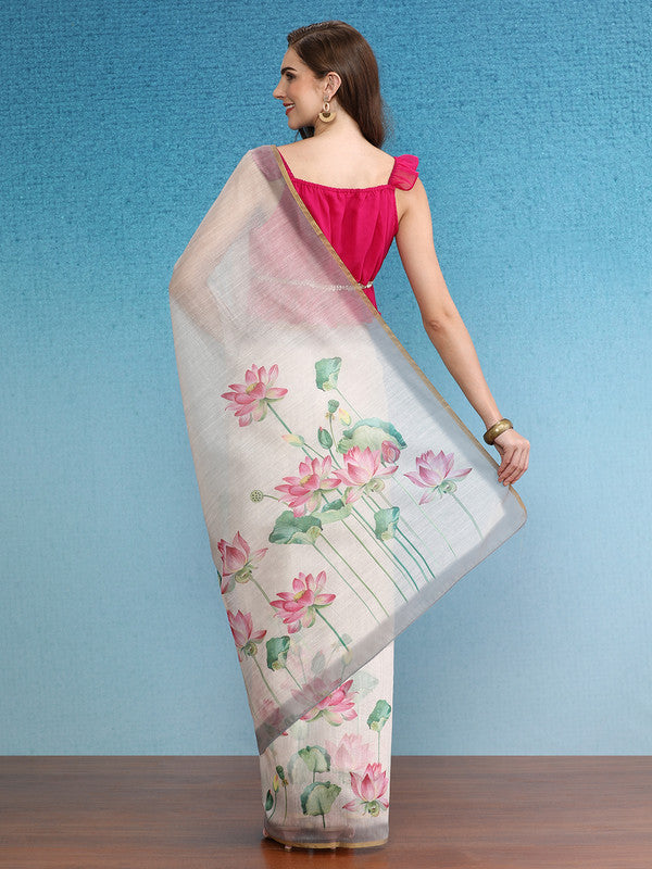 Beige Cotton Blend Digital Floral Print Saree with Blouse Piece