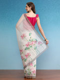 Beige Cotton Blend Digital Floral Print Saree with Blouse Piece