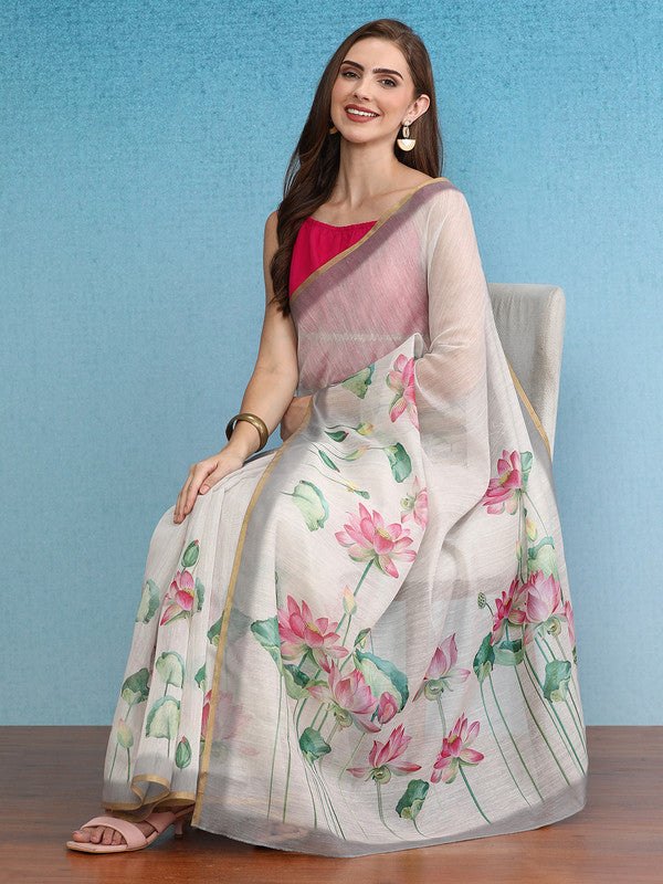 Beige digital print floral cotton blend saree with blouse fabric