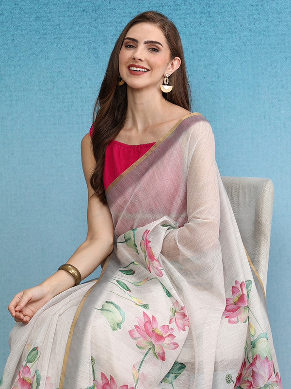 Beige Cotton Blend Digital Floral Print Saree with Blouse Piece