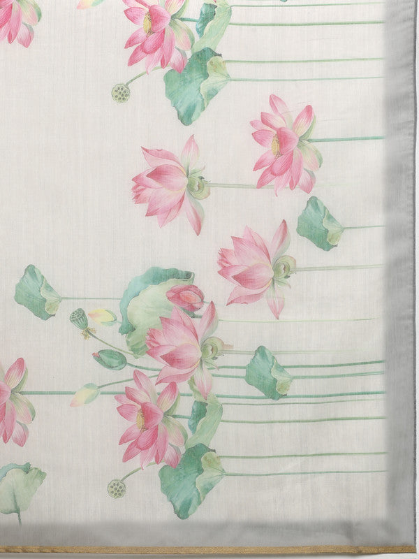 Beige Cotton Blend Digital Floral Print Saree with Blouse Piece