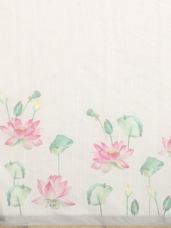 Beige Cotton Blend Digital Floral Print Saree with Blouse Piece