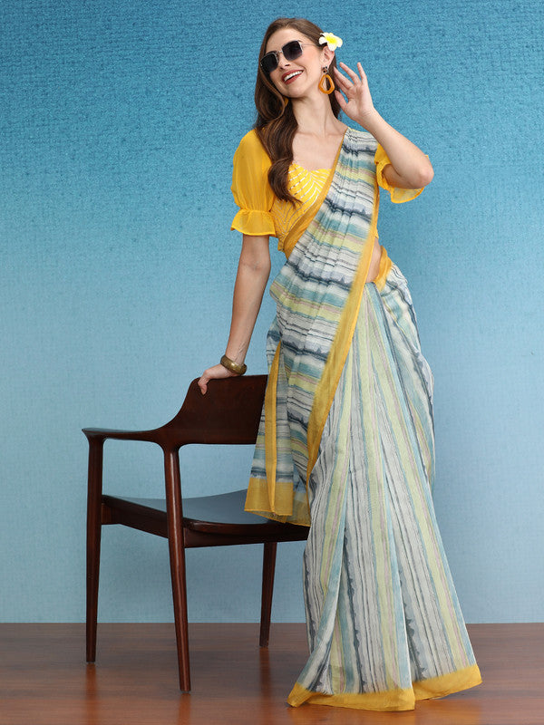 Mustard Cotton Blend Digital Print Striped Saree with Unstitched Blouse - Hiral Fashion