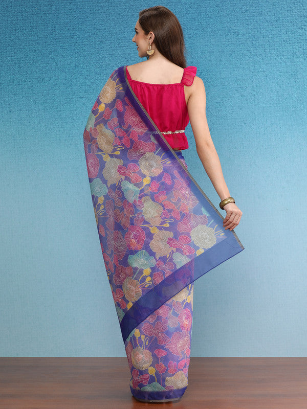 Multicolor Digital Print Floral Cotton Blend Saree with Blouse