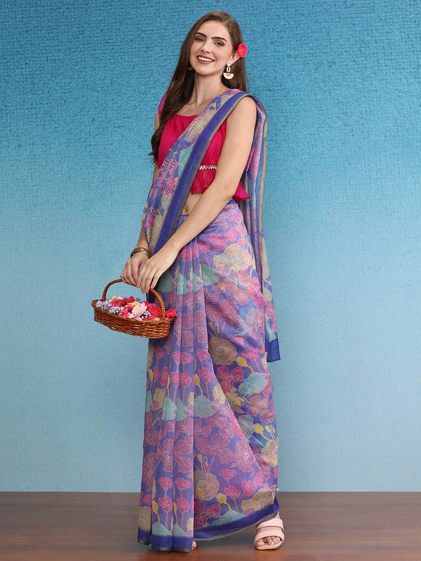 Multicolor digital floral print cotton blend saree with an unstitched blouse