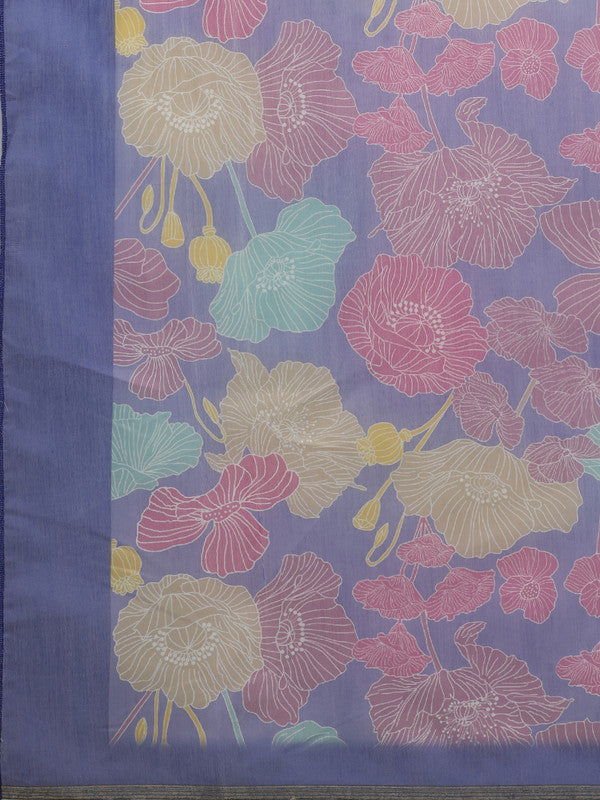 Multicolor Digital Print Floral Cotton Blend Saree with Blouse
