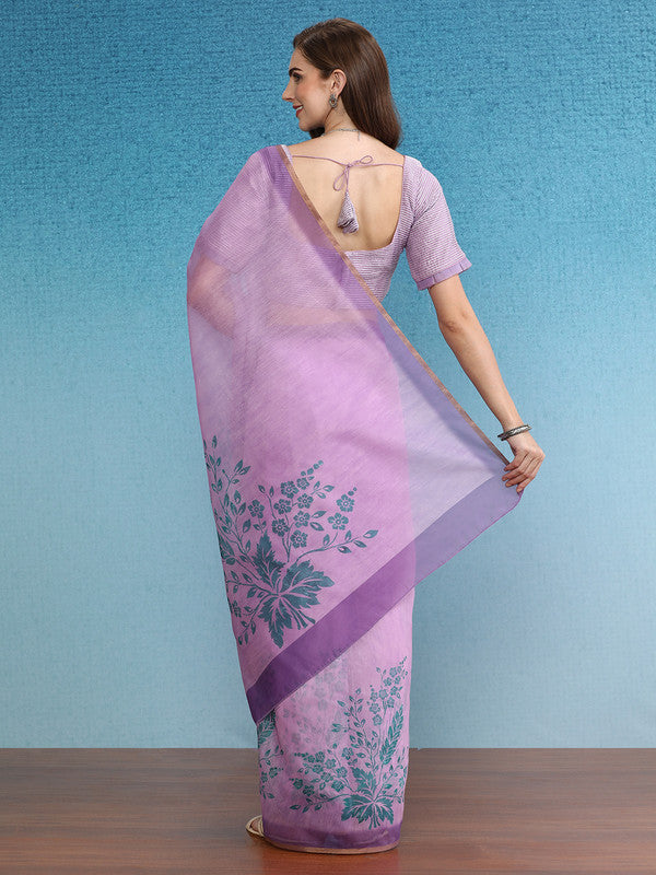 Purple Cotton Blend Floral Digital Print Saree with Blouse