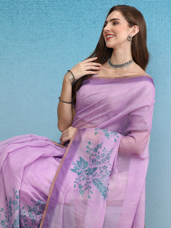 Purple Cotton Blend Floral Digital Print Saree with Blouse