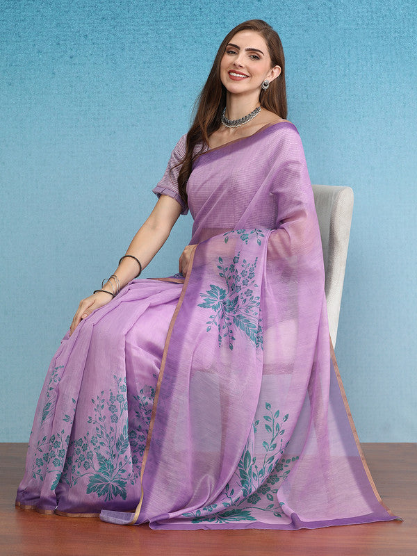 Purple Cotton Blend Saree with digital floral print and unstitched blouse