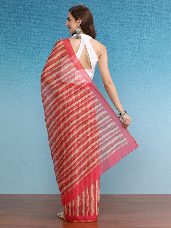 Red Cotton Blend Striped Digital Print Saree with Blouse Piece