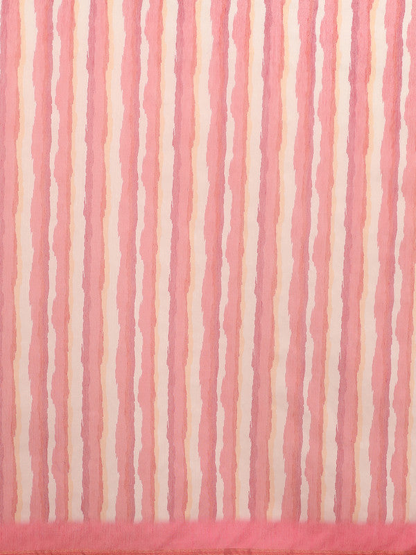 Red Cotton Blend Striped Digital Print Saree with Blouse Piece
