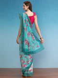 Turquoise Floral Digital Print Cotton Blend Saree with Blouse