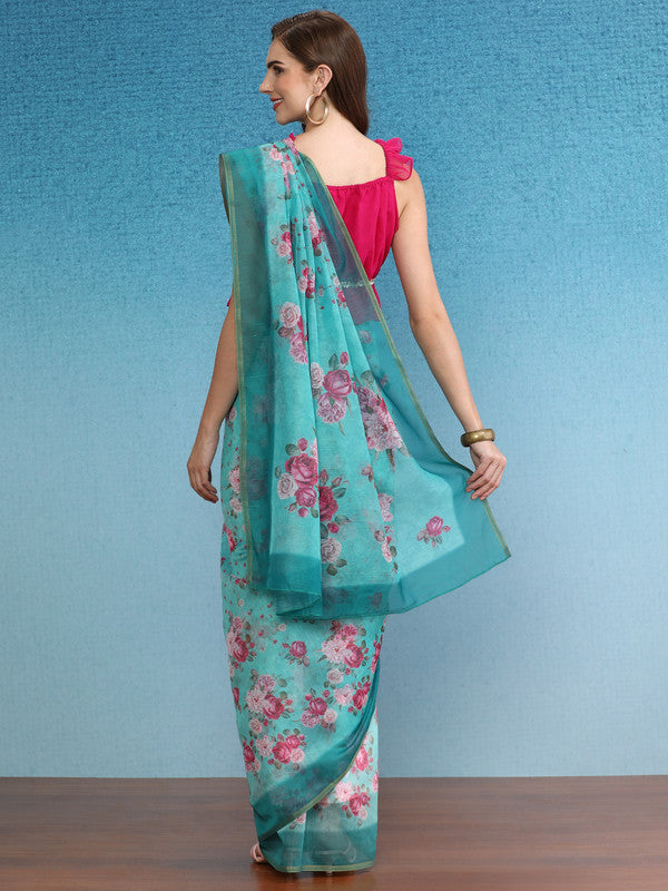 Turquoise Floral Digital Print Cotton Blend Saree with Blouse