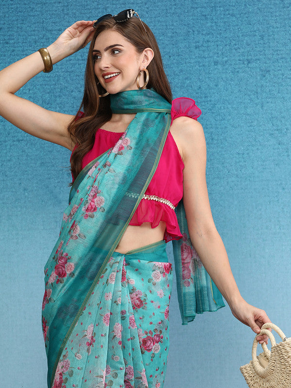 Turquoise Floral Digital Print Cotton Blend Saree with Blouse