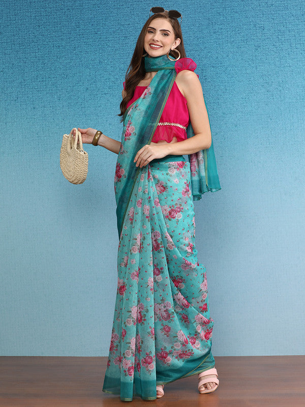 Turquoise cotton blend saree with floral digital print and unstitched blouse piece