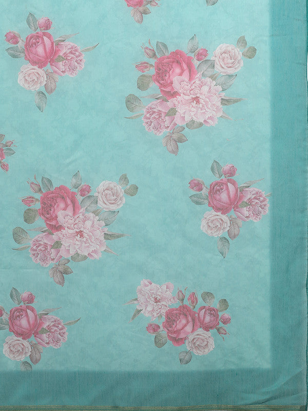 Turquoise Floral Digital Print Cotton Blend Saree with Blouse