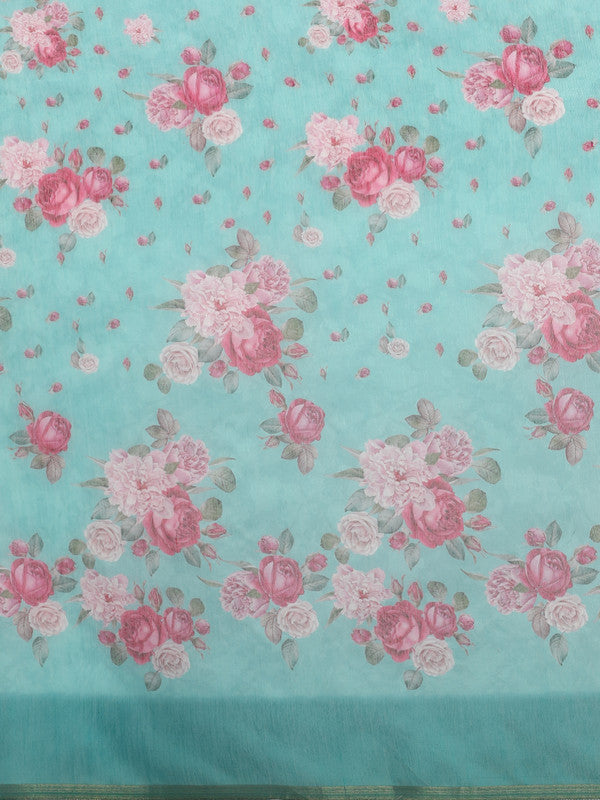 Turquoise Floral Digital Print Cotton Blend Saree with Blouse