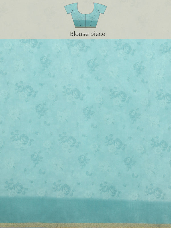 Turquoise Floral Digital Print Cotton Blend Saree with Blouse