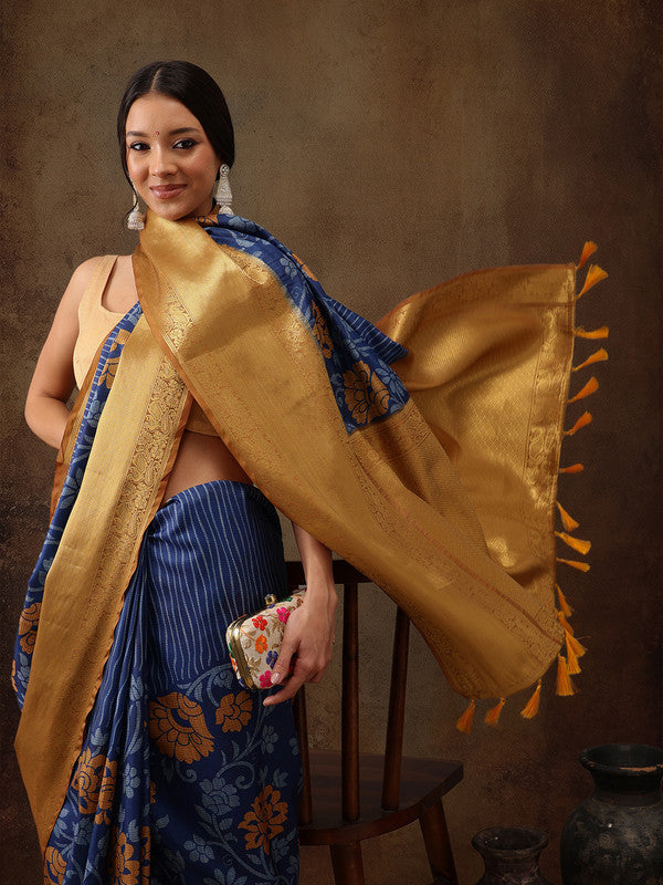 Blue Kanjeevaram silk saree with vibrant floral digital printing.