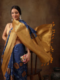 Blue Kanjeevaram silk saree with vibrant floral digital printing.