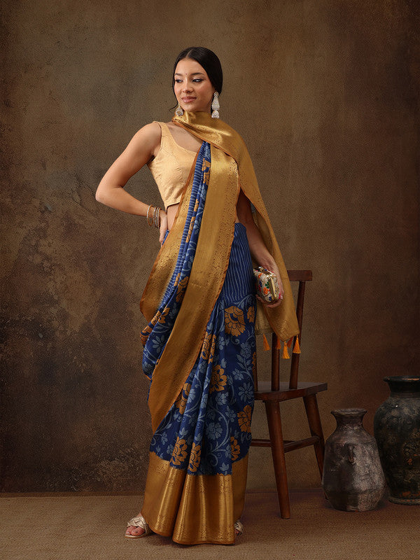 Blue Kanjeevaram Silk Floral Saree with Digital Print