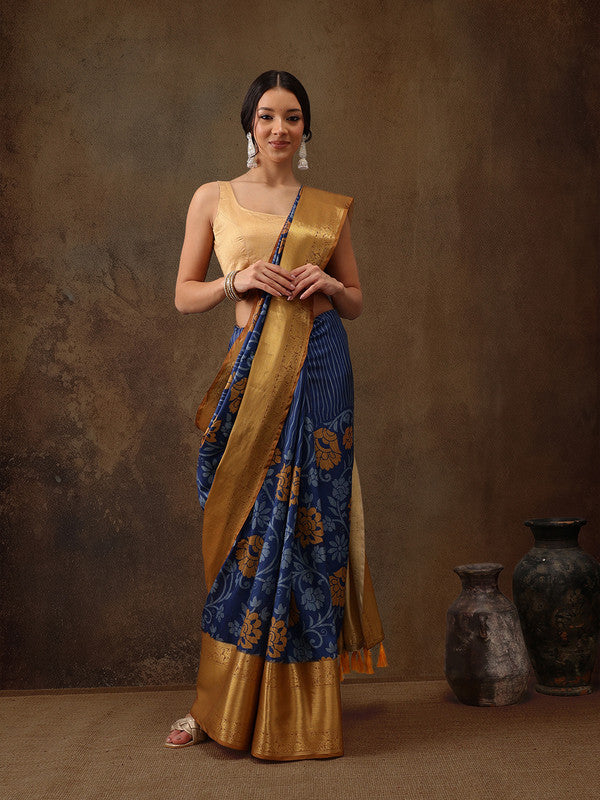 Blue Kanjeevaram Silk Floral Saree with Digital Print