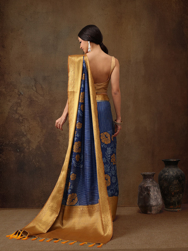 Blue Kanjeevaram Silk Floral Saree with Digital Print