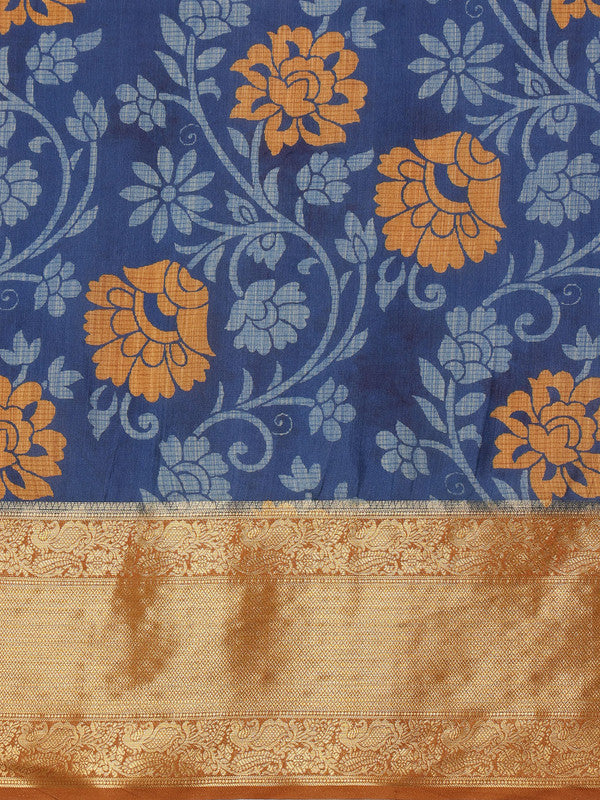 Blue Kanjeevaram Silk Floral Saree with Digital Print