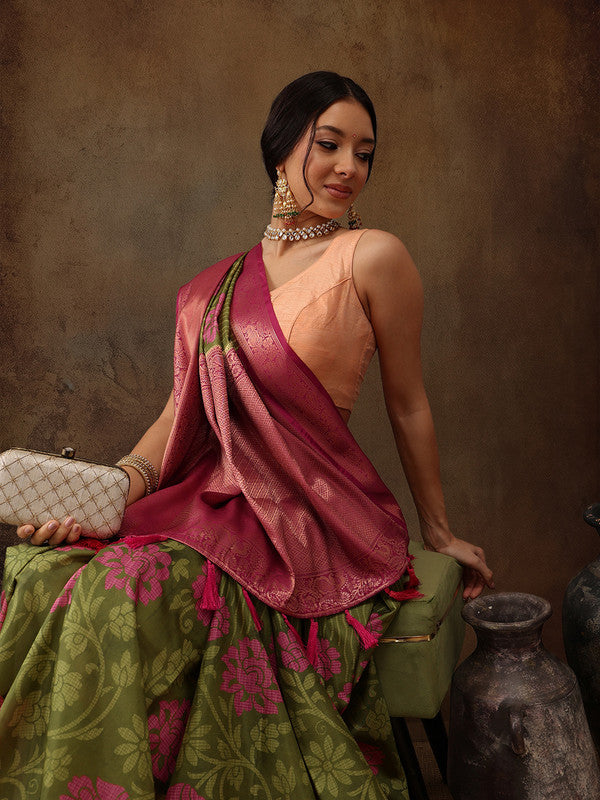 Olive Kanjeevaram silk saree with digital floral print and unstitched blouse