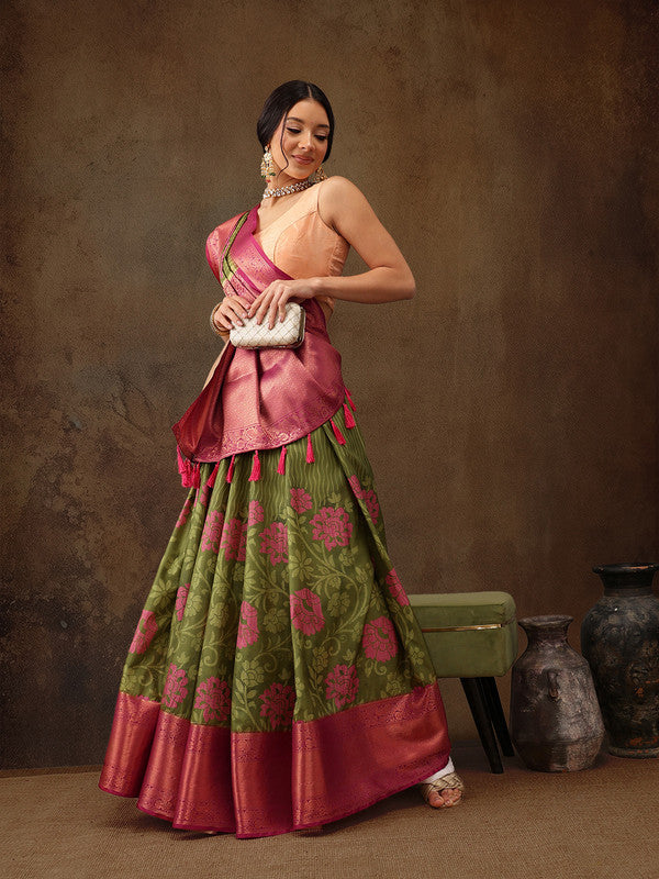 Olive Kanjeevaram Silk Floral Digital Print Saree with Unstitched Blouse