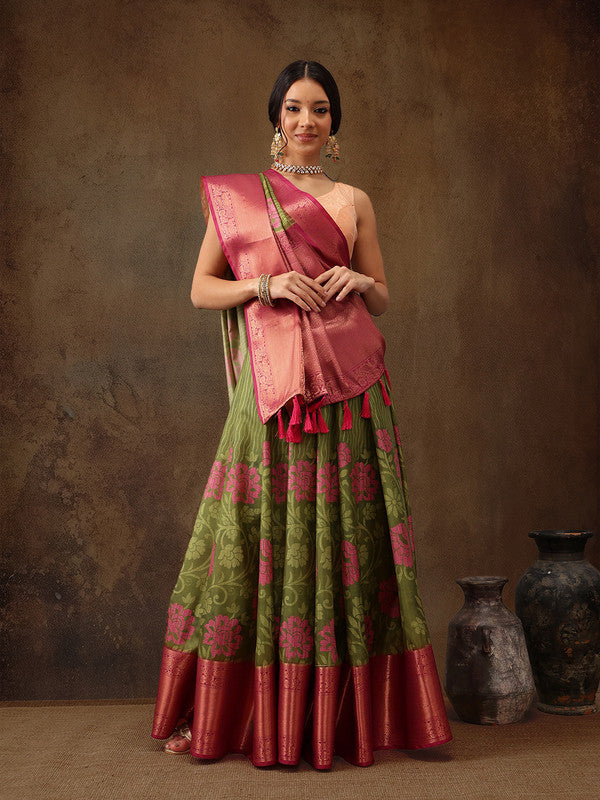 Olive Kanjeevaram Silk Floral Digital Print Saree with Unstitched Blouse
