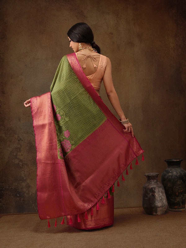Olive Kanjeevaram Silk Floral Digital Print Saree with Unstitched Blouse