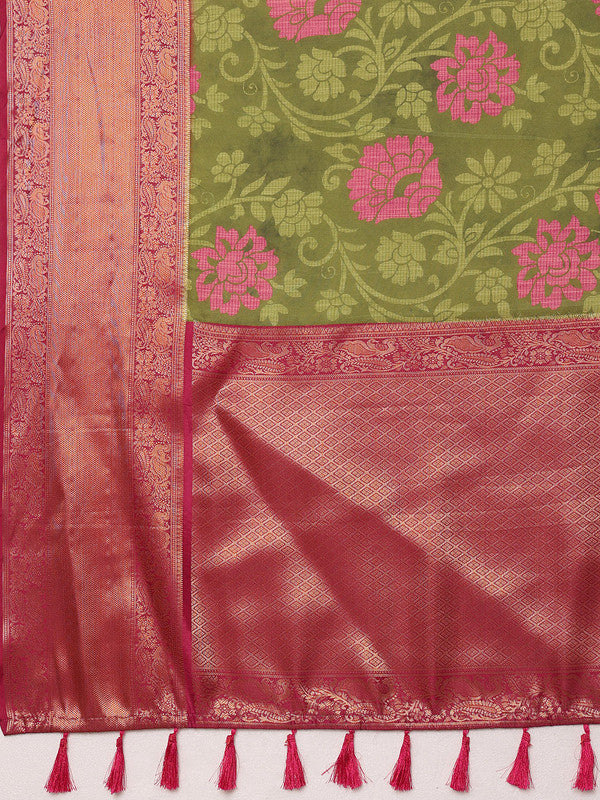 Olive Kanjeevaram Silk Floral Digital Print Saree with Unstitched Blouse