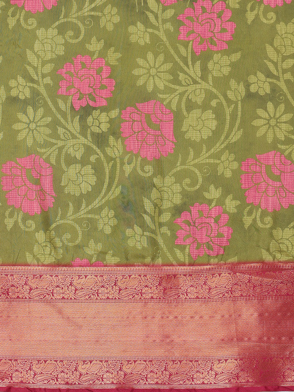 Olive Kanjeevaram Silk Floral Digital Print Saree with Unstitched Blouse