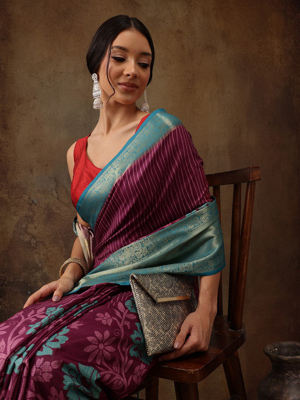Pink Kanjeevaram silk saree with digital floral prints and unstitched blouse