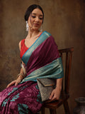 Pink Kanjeevaram silk saree with digital floral prints and unstitched blouse