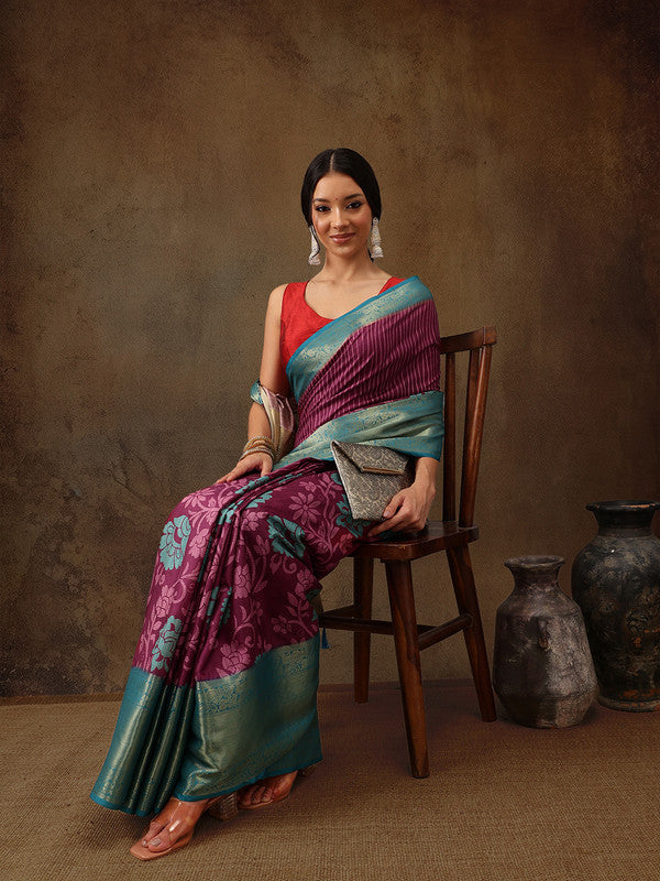 Pink Kanjeevaram Silk Digital Print Floral Saree with Blouse