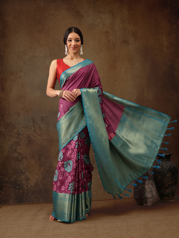Pink Kanjeevaram Silk Digital Print Floral Saree with Blouse