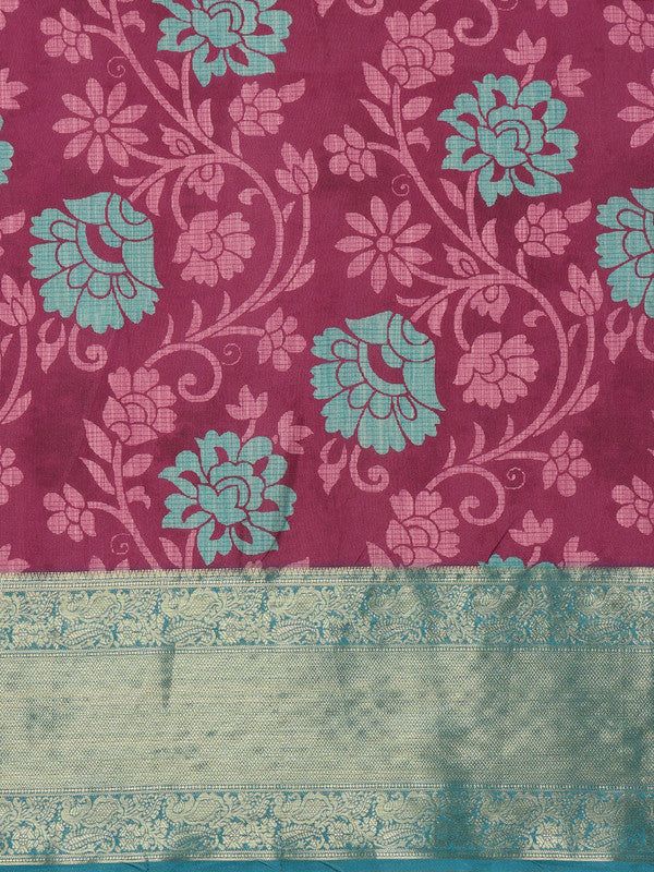 Pink Kanjeevaram Silk Digital Print Floral Saree with Blouse