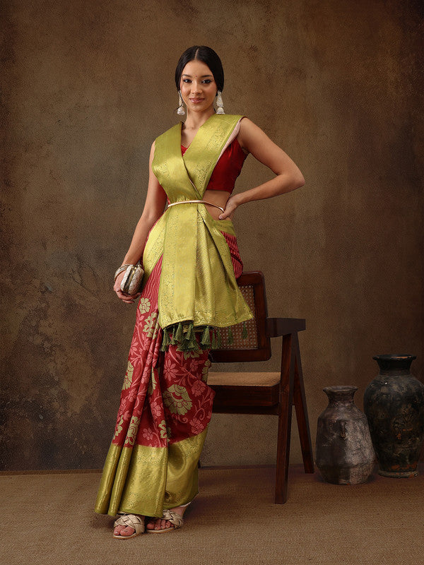 Red Kanjeevaram silk saree with digital floral print and matching blouse piece