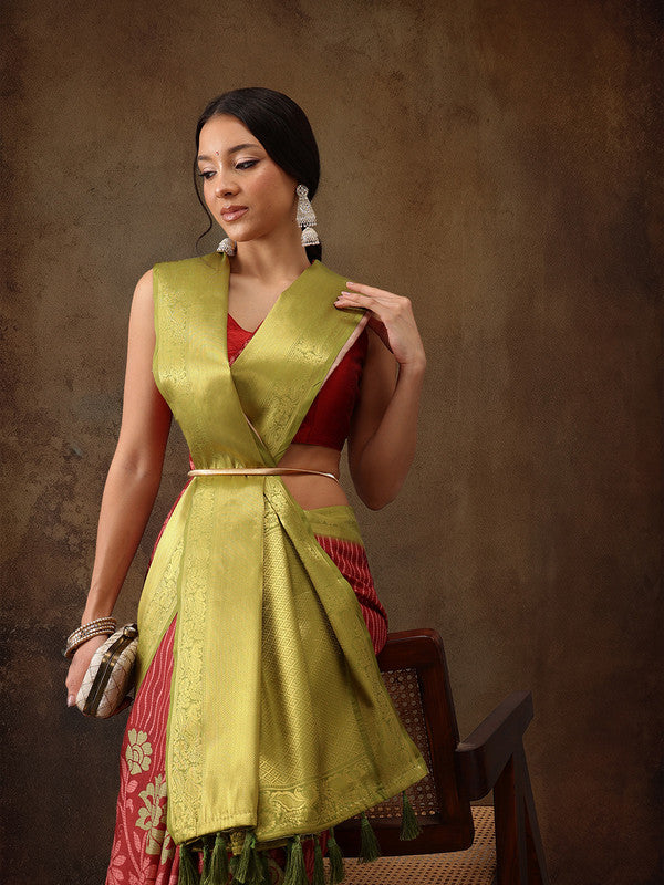 Red Kanjeevaram Silk Digital Print Floral Saree with Blouse