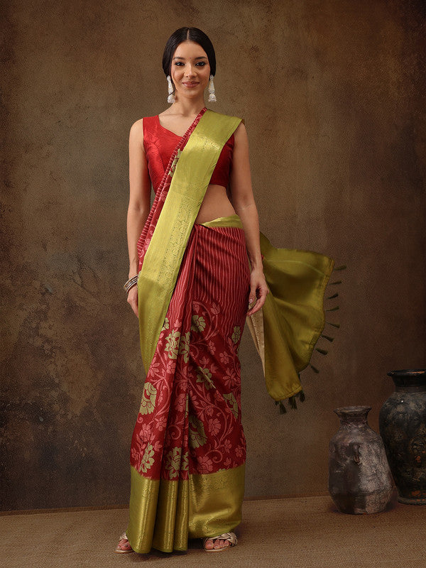 Red Kanjeevaram Silk Digital Print Floral Saree with Blouse